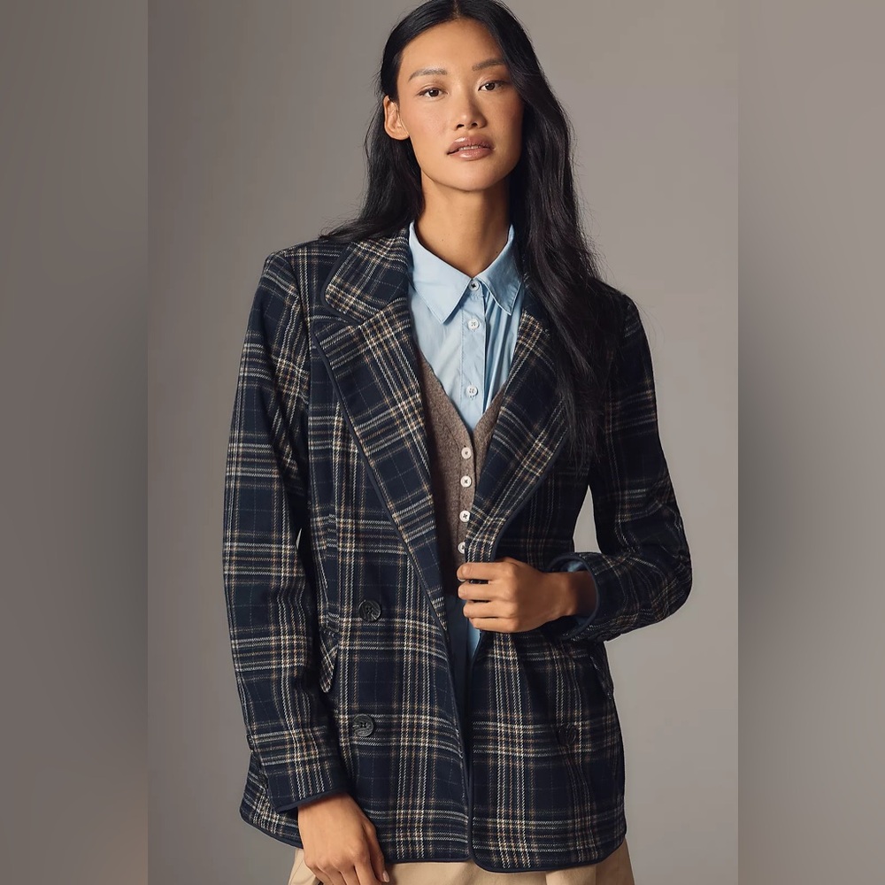 Avec Les Filles Double-Breasted Oversized Knit Plaid Blazer, Size XS